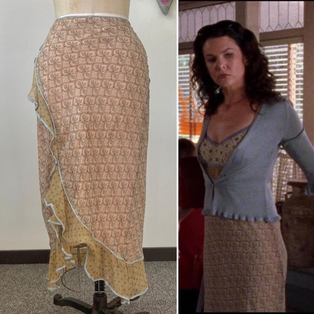 Y2k vintage silk floral ruffle trim faux wrap skirt ASO Gilmore Girls